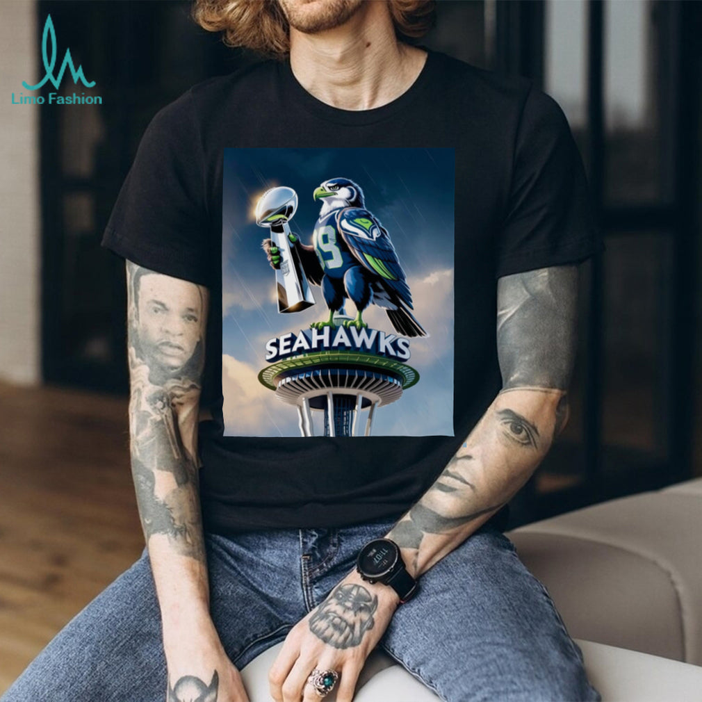 Majestic Hawk on Space Needle with Trophy Seattle Football Tee