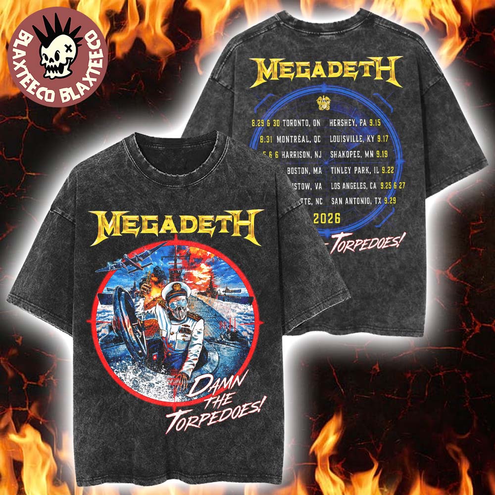 Megadeth North American 2026 Tour Merch Vic Rattlehead World Of Warships Damn The Torpedoes Vintage Washed Tee