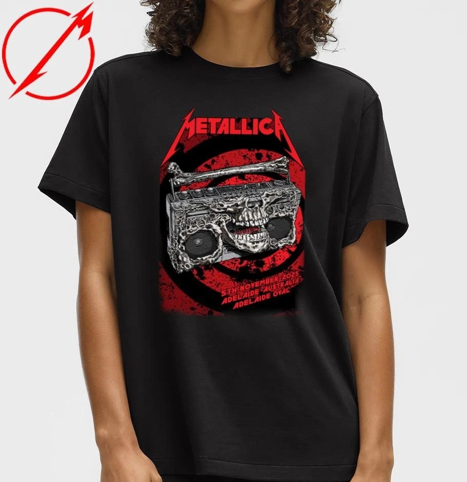 Metallica M72 Adelaide Australia 2025 Venue Poster At Adelaide Oval On November 5 2025 Skeleton Radio Boombox From Hell T-Shirt