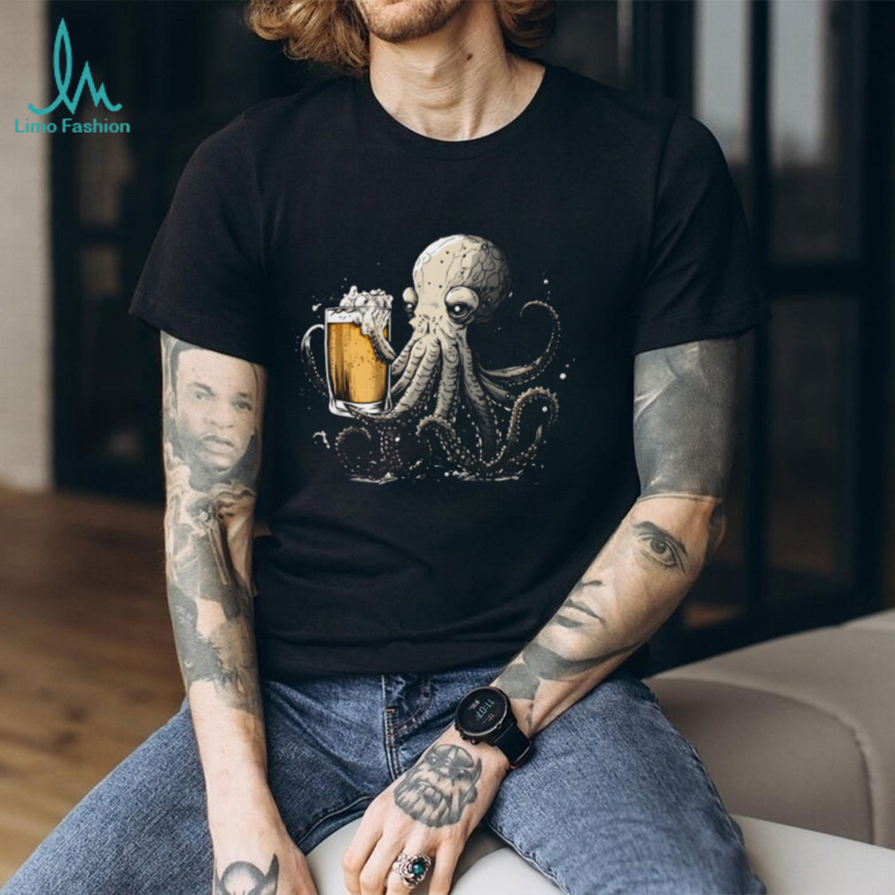 Octopus Holding Beer Mug Funny Nautical Illustration T Shirt