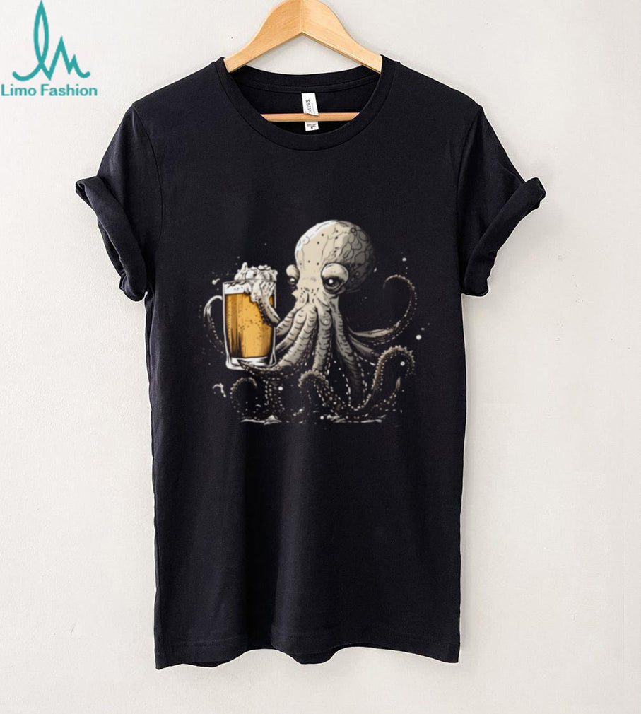 Octopus Holding Beer Mug Funny Nautical Illustration T Shirt