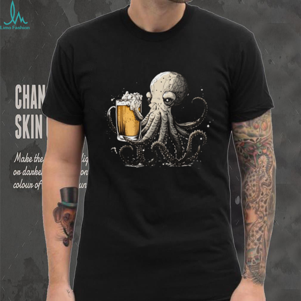 Octopus Holding Beer Mug Funny Nautical Illustration T Shirt