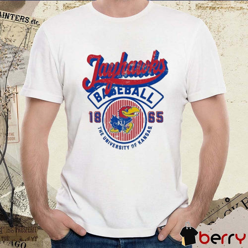 2026 Kansas Jayhawks Baseball The University Of Kansas 1865 Vintage Script Baseball Stripes t-shirt