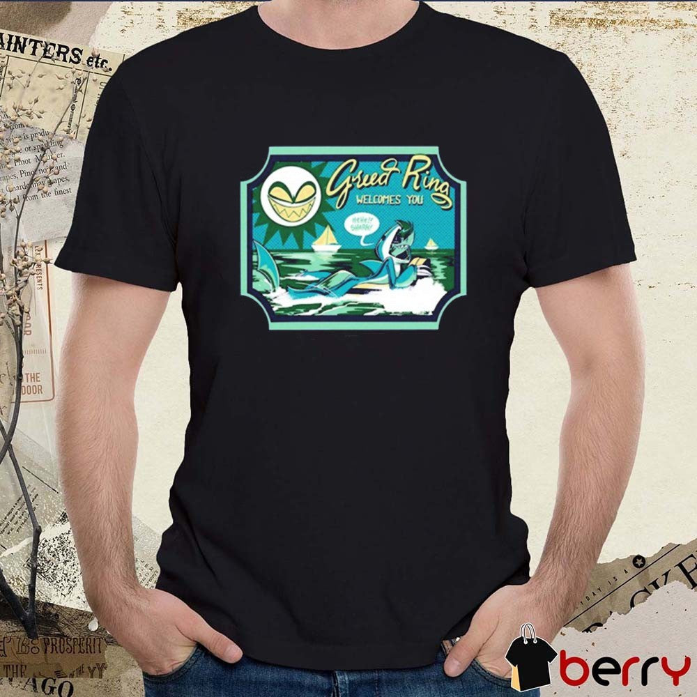 Greed Ring Welcomes You Shark Robot Helluva Boss Chaz Halloween Slasher 2025 t-shirt