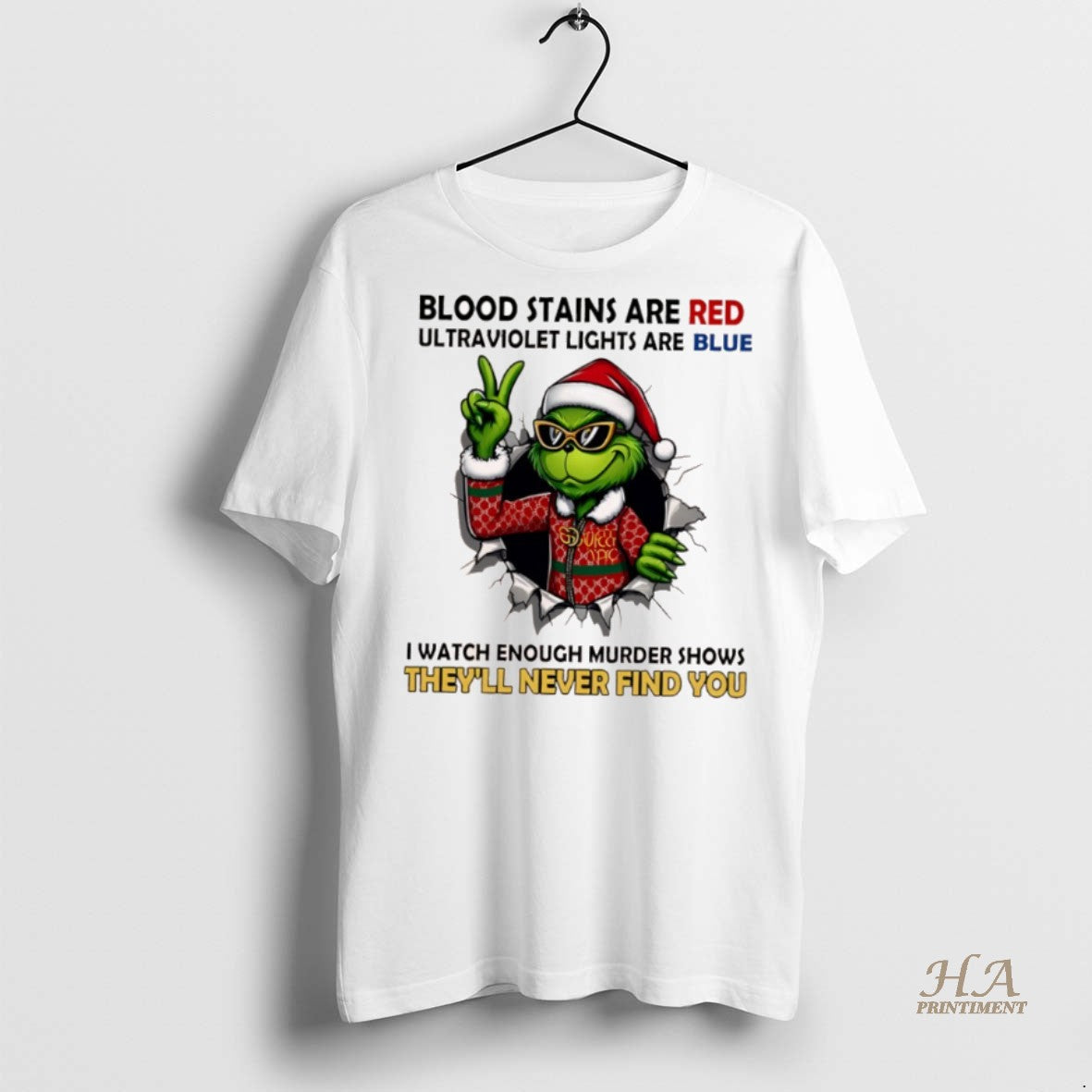Official Grinch Christmas Blood Stains Are Red Ultraviolet Lights Are Blue I Watch Enough Murder T-Shirts, Hoodie, Sweatshirt