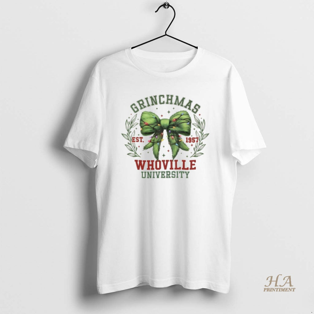 Official Grinchmas Coquette Bow Whoville University Est 1957 T-Shirts, Hoodie, Sweatshirt | InkNestWear.com