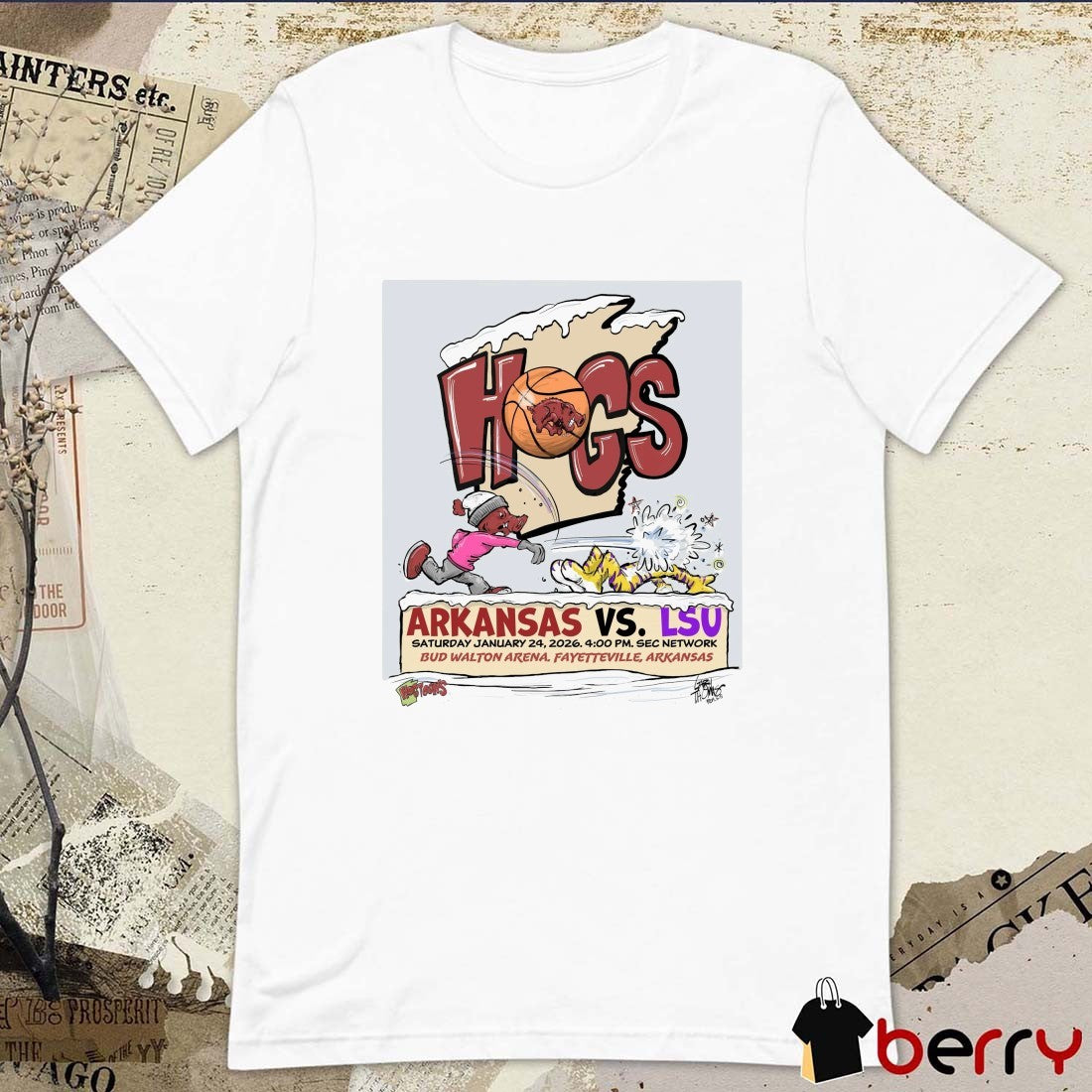Hogs Arkansas Razorbacks Vs LSU Tigers January 24, 2026 Bud Walton Arena in Fayetteville, Arkansas t-shirt