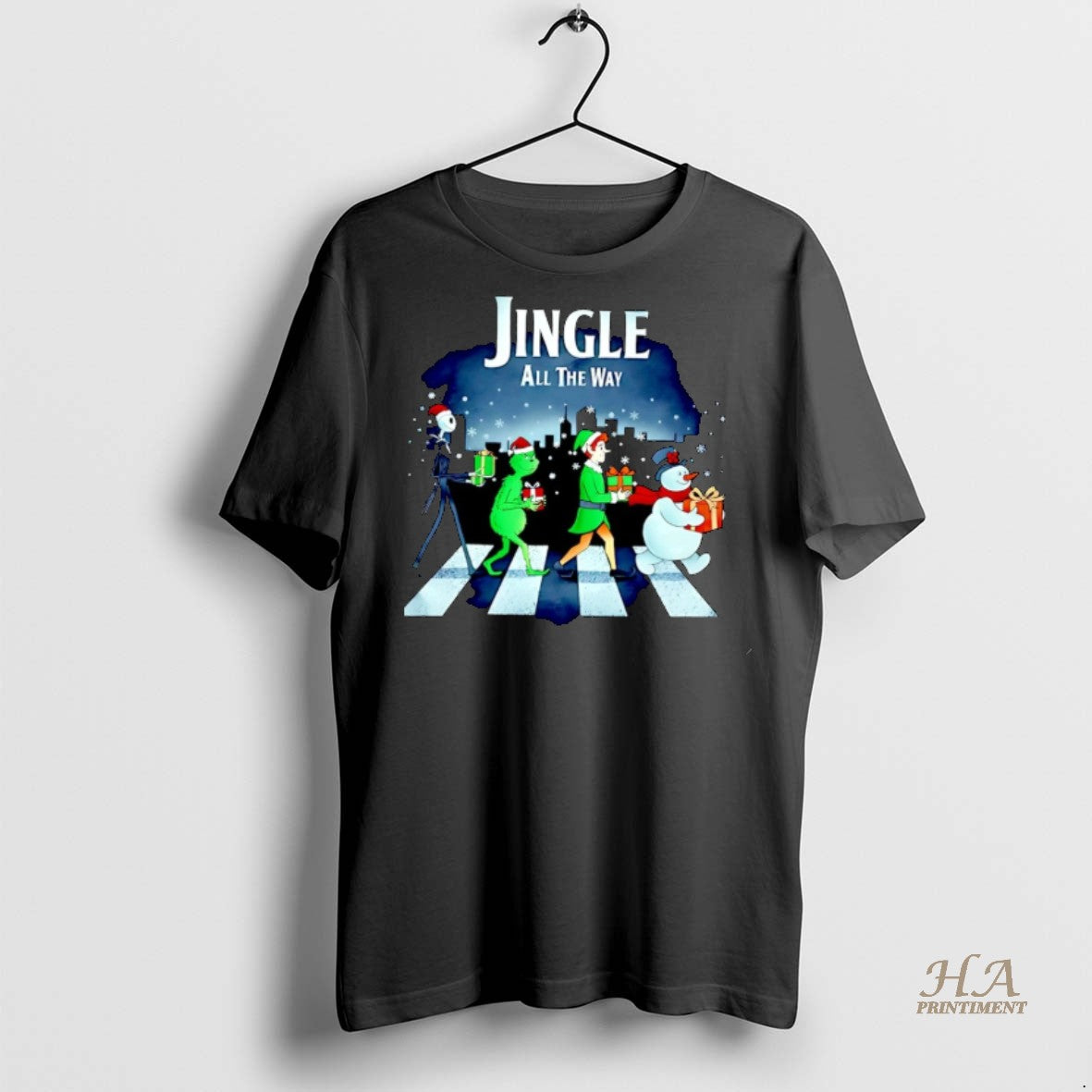 Official Jack Skellington Grinch Elf And Snowman Abbey Road Jingle All The Way Christmas Christmas T-Shirts, Hoodie,...