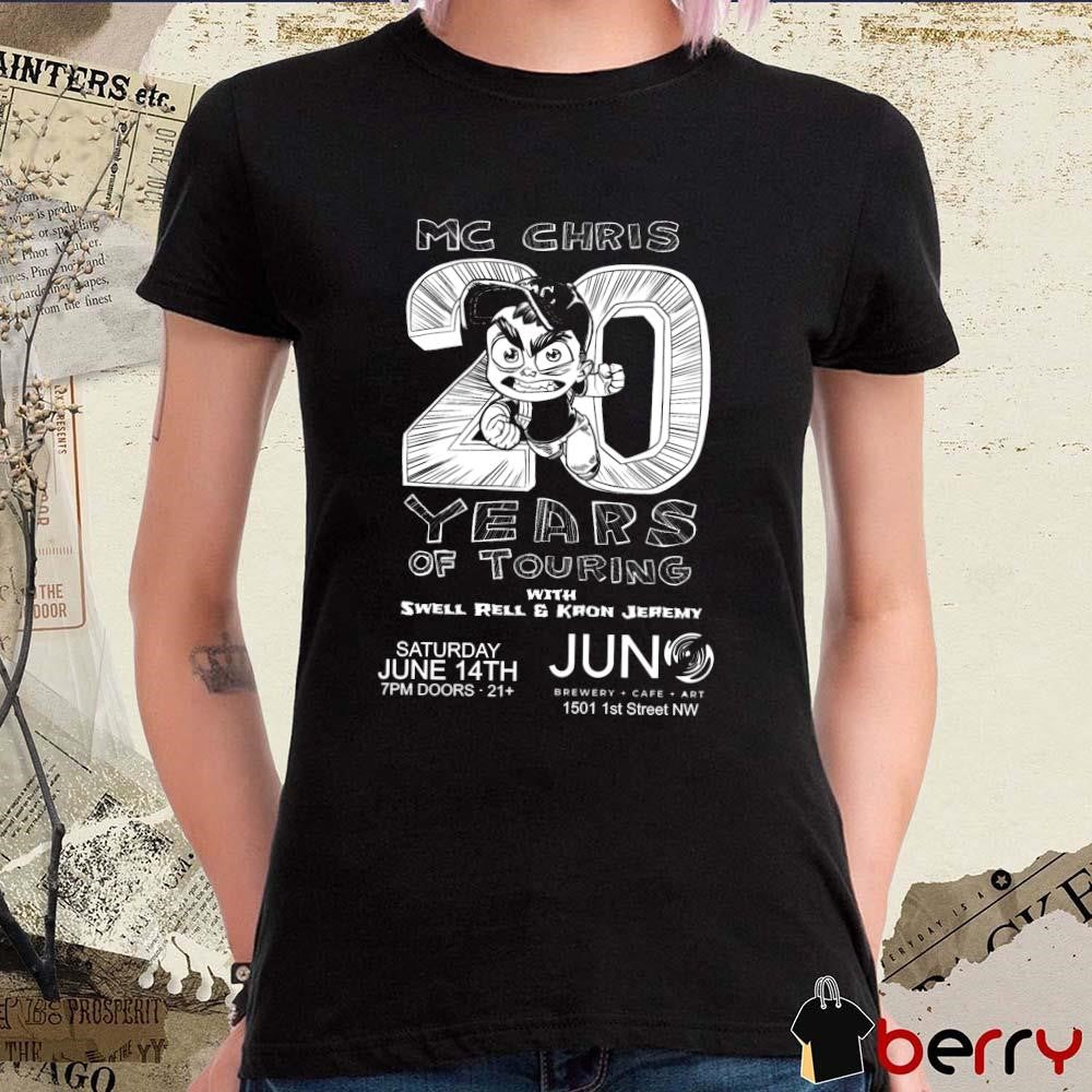 MC Chris 20 years of touring with Swell Rell and Kron Jeremy at Juno Brewery Saturday, June 14th 2025 t-shirt