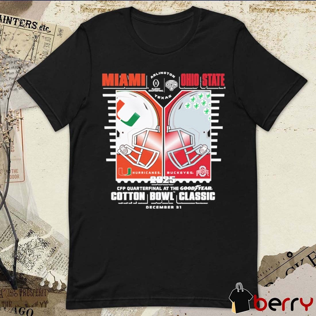 Miami Hurricanes vs. Ohio State Buckeyes 2025 At The Goodyear Cotton Bowl Classic December 31 Helmets t-shirt