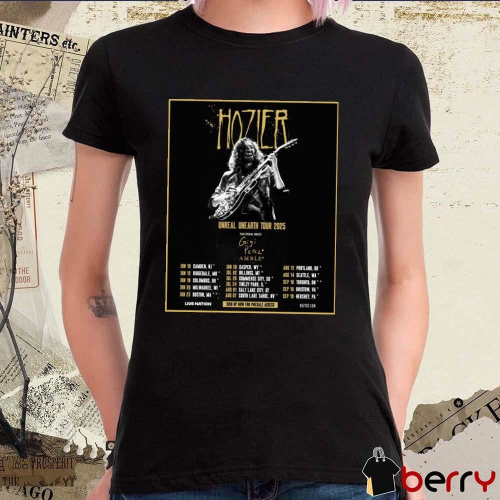 Poster Live Nation Hozier Unreal Unearth Tour 2025 Plus Special Guest Gigi Perez Amble Jun 10 Camden NJ t-shirt