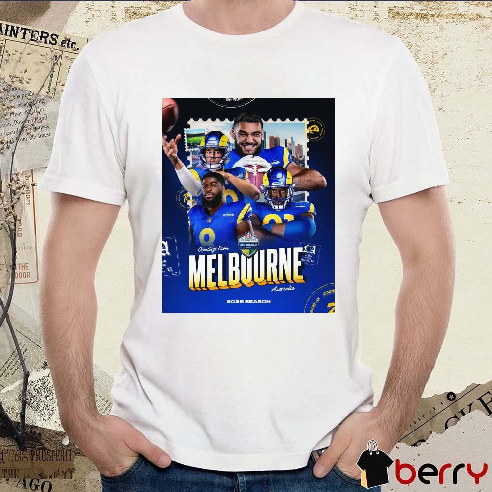 Poster Los Angeles Rams Greetings From Melbourne Australia NFL Football 2026 Season G’Day Melbourne t-shirt