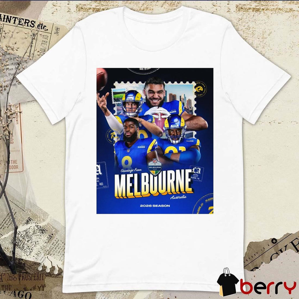 Poster Los Angeles Rams Greetings From Melbourne Australia NFL Football 2026 Season G’Day Melbourne t-shirt