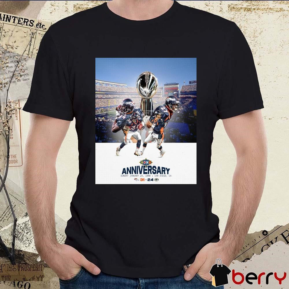 Poster NFL Super Bowl XXXII Anniversary Sunday January 25 1998 San Diego, Ca Denver Broncos Win Green Bay Packers 31- 34 t-shirt
