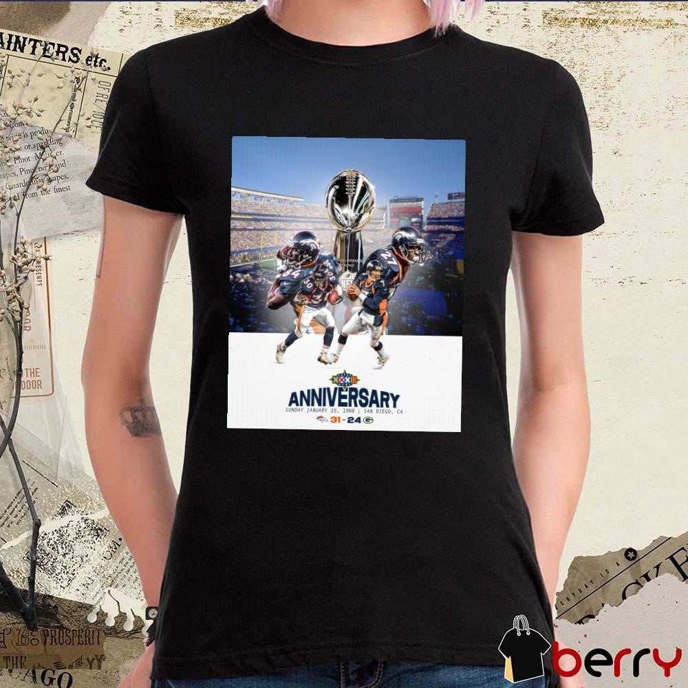 Poster NFL Super Bowl XXXII Anniversary Sunday January 25 1998 San Diego, Ca Denver Broncos Win Green Bay Packers 31- 34 t-shirt