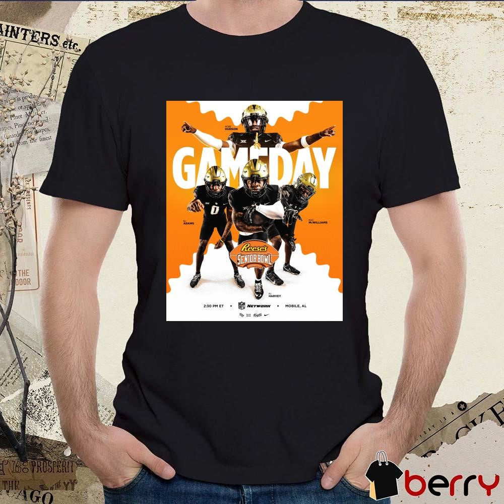 Poster UCF Knights football Game Day Kobe Hudson BJ Adams Mac McWilliams RJ Harvey 2025 Reese’s Senior Bowl Mobile AL t-shirt
