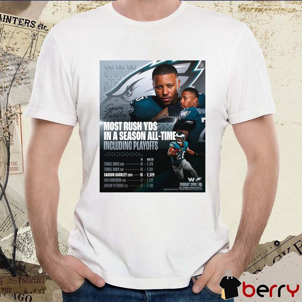 Poster Washington Commanders Vs Philadelphia Eagles Saquon Barkley Most Rush YDs In A Season All-Time Including Playoffs t-shirt