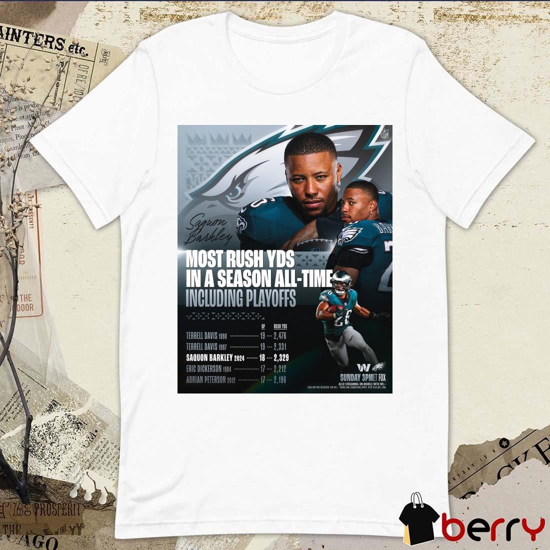 Poster Washington Commanders Vs Philadelphia Eagles Saquon Barkley Most Rush YDs In A Season All-Time Including Playoffs t-shirt