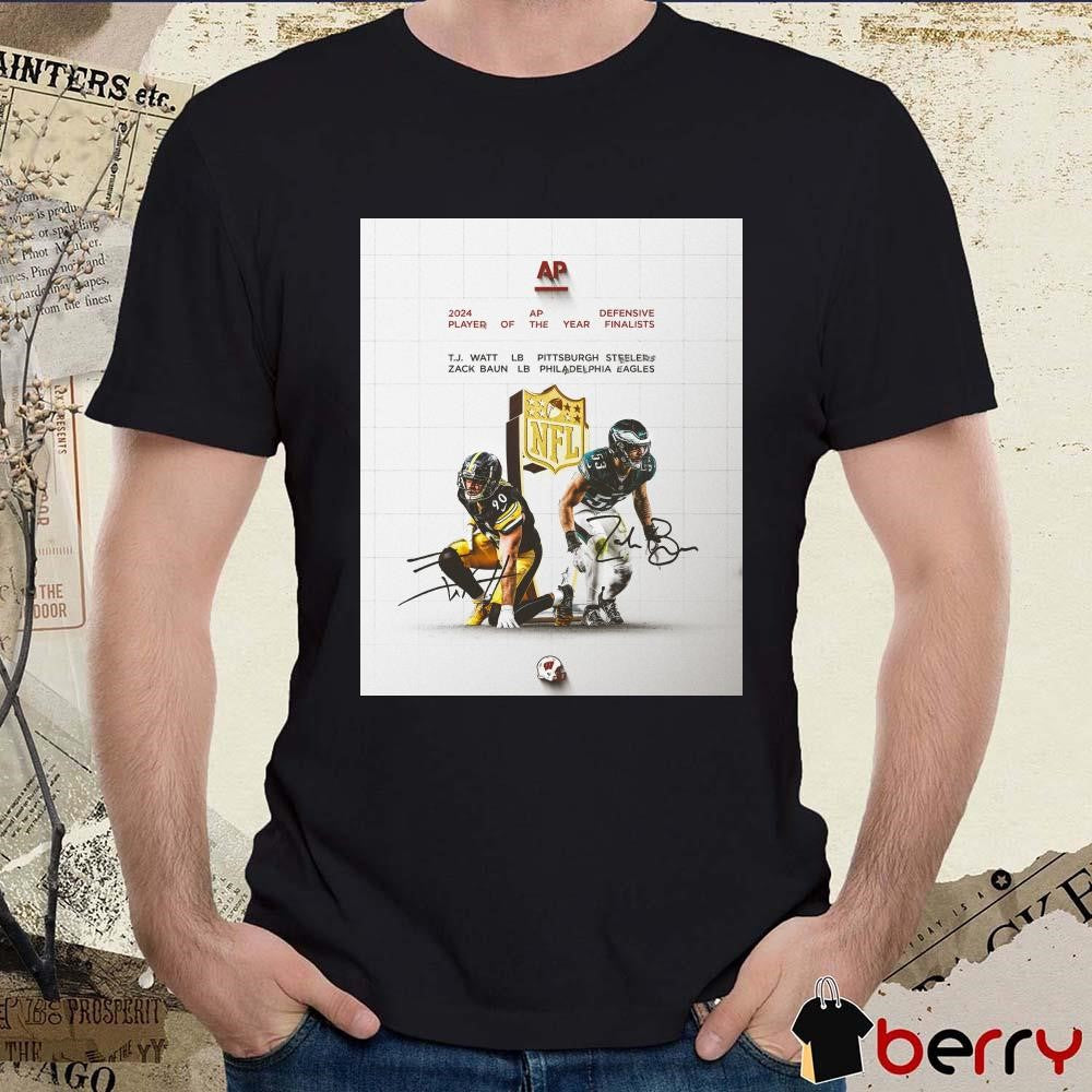 Poster Wisconsin Football Congrats to TJ Watt Steelers And Zack Baun Eagles 2024 AP Defensive Player of the Year finalists Signatures t-shirt