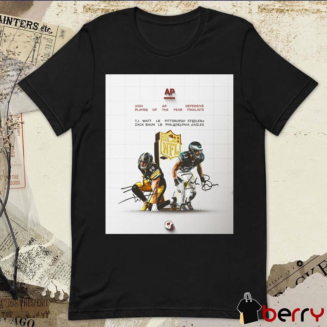 Poster Wisconsin Football Congrats to TJ Watt Steelers And Zack Baun Eagles 2024 AP Defensive Player of the Year finalists Signatures t-shirt