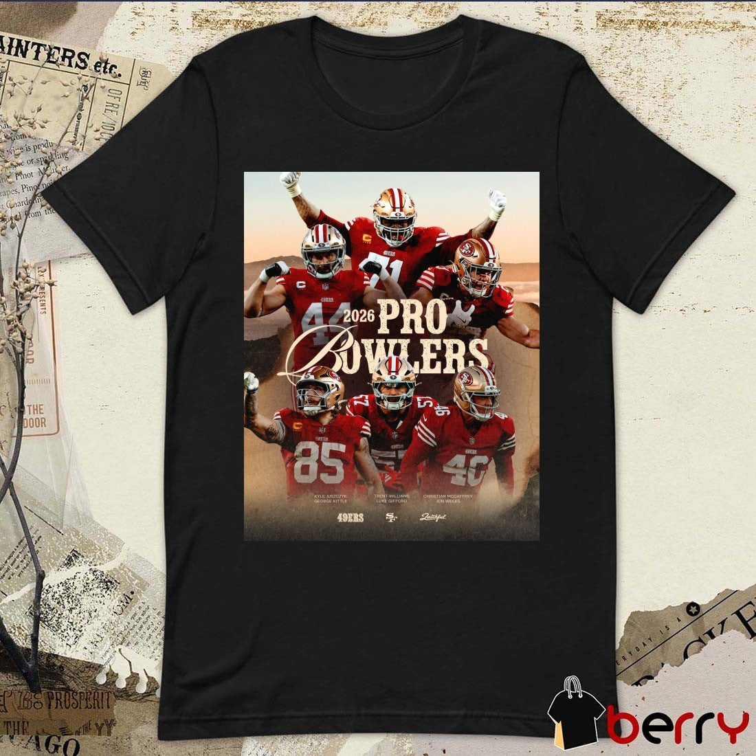 San Francisco 49ers 2026 Pro Bowl Games Kyle Juszczyk, George Kittle, Trent Williams, Luke Gifford, Christian McCaffrey, and Jon Weeks Poster t-shirt