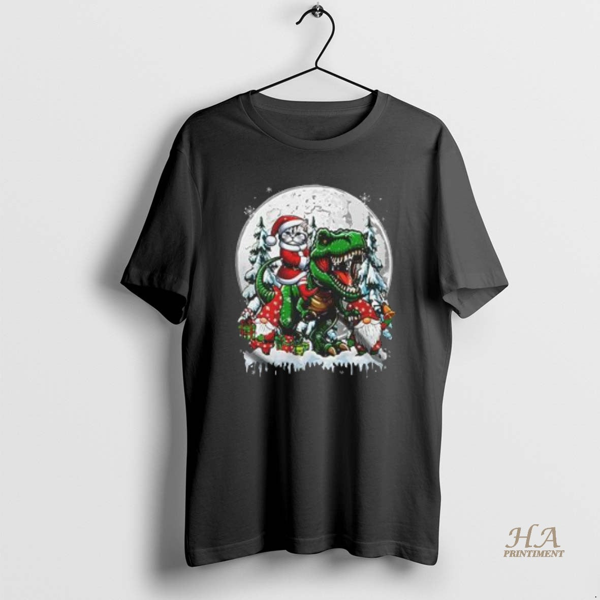 Official Santa Cat Riding T Rex Joyful Christmas Moon Xmas Pajama Family T-Shirts, Hoodie, Sweatshirt | InkNestWear.com