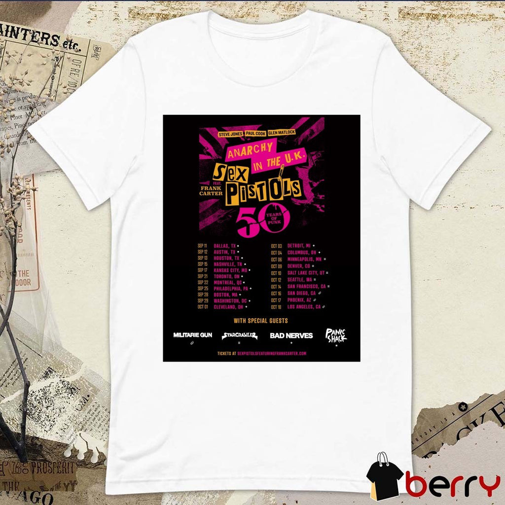 Sex Pistols 50th-anniversary Tour Steve Jones, Paul Cook, And Glen Matlock, With Frank Carter Poster t-shirt