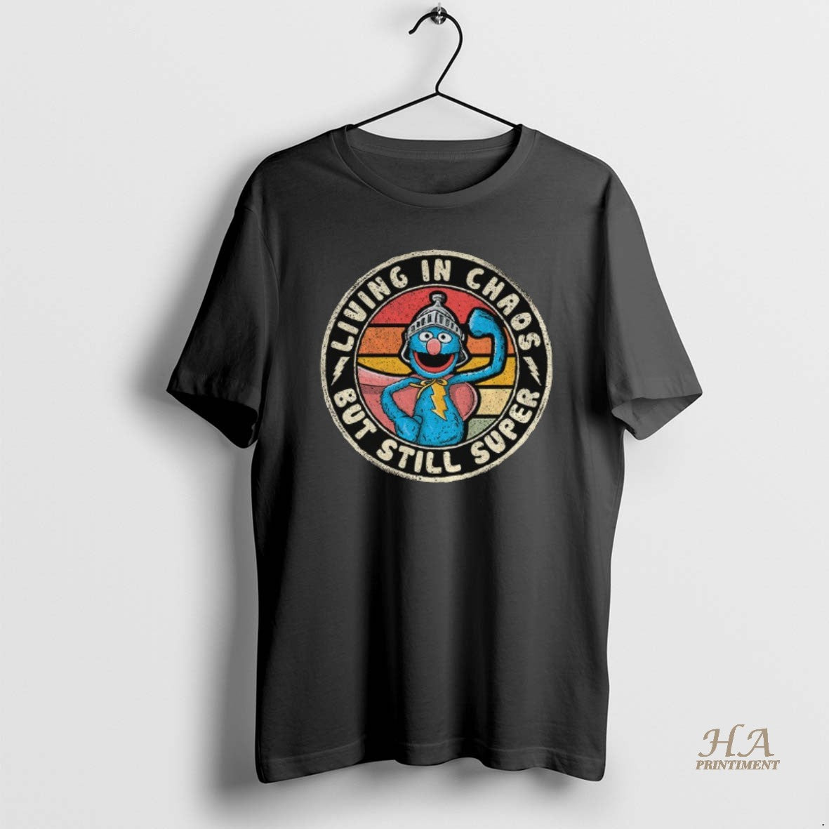 Official Super Grover Brooch Living In Chaos But Still Super T-Shirts, Hoodie, Sweatshirt | InkNestWear.com