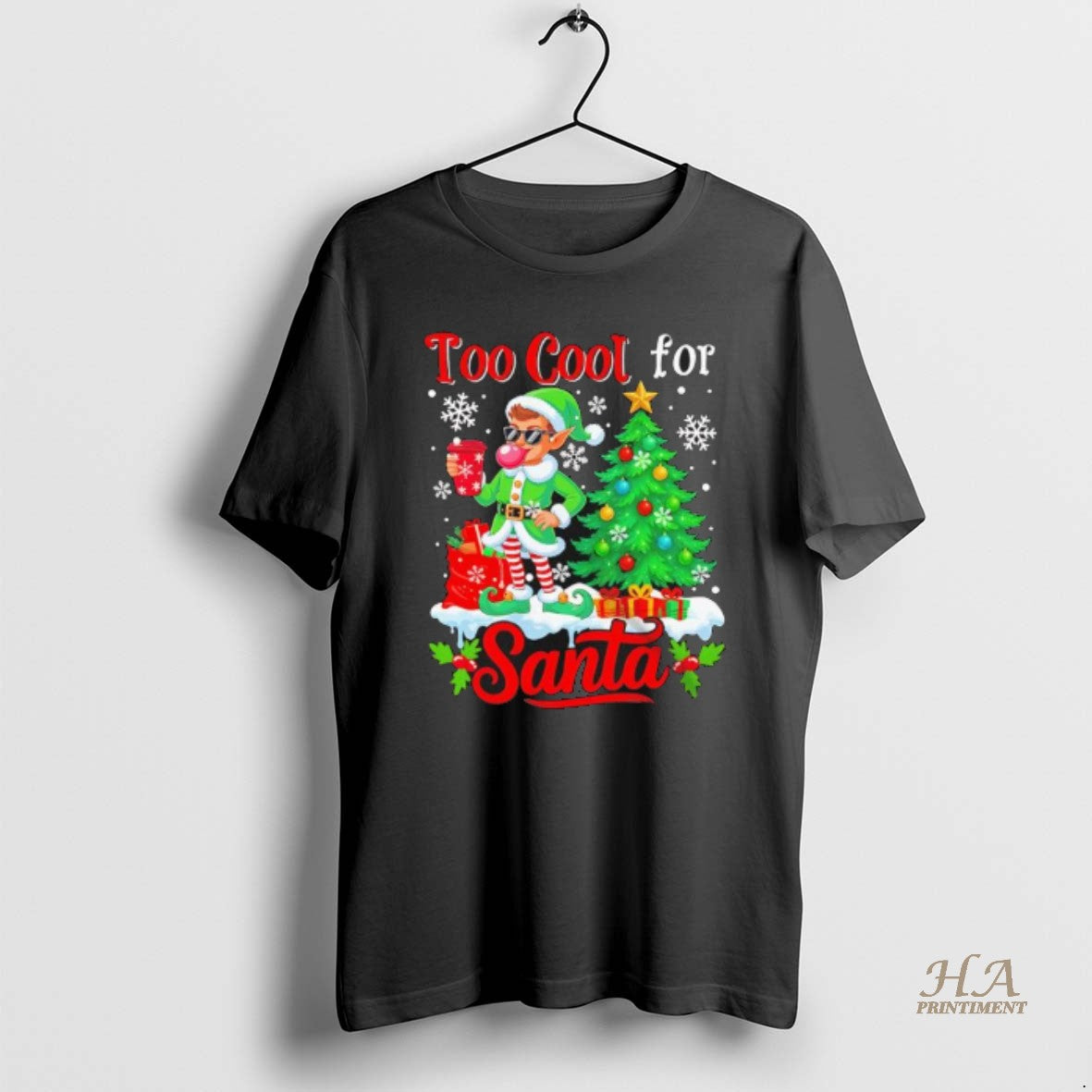 Official Too Cool For Santa Merry Christmas Elf Sunglasses Drink Coffee Black T-Shirts, Hoodie, Sweatshirt | InkNestWear.com