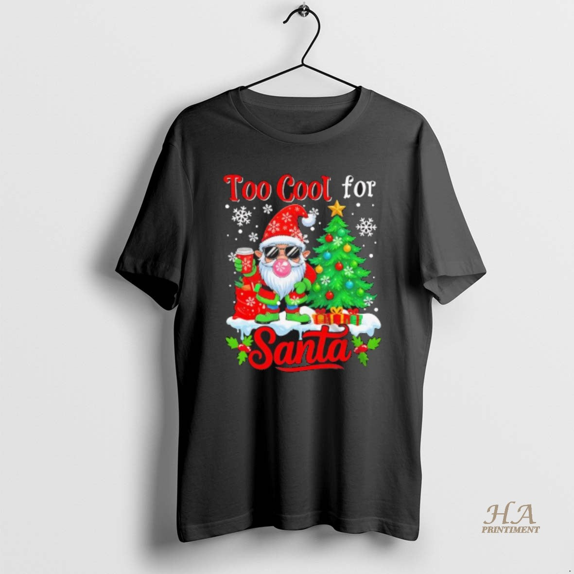 Official Too Cool For Santa Merry Christmas Gnome Sunglasses Drink Coffee Black T-Shirts, Hoodie, Sweatshirt