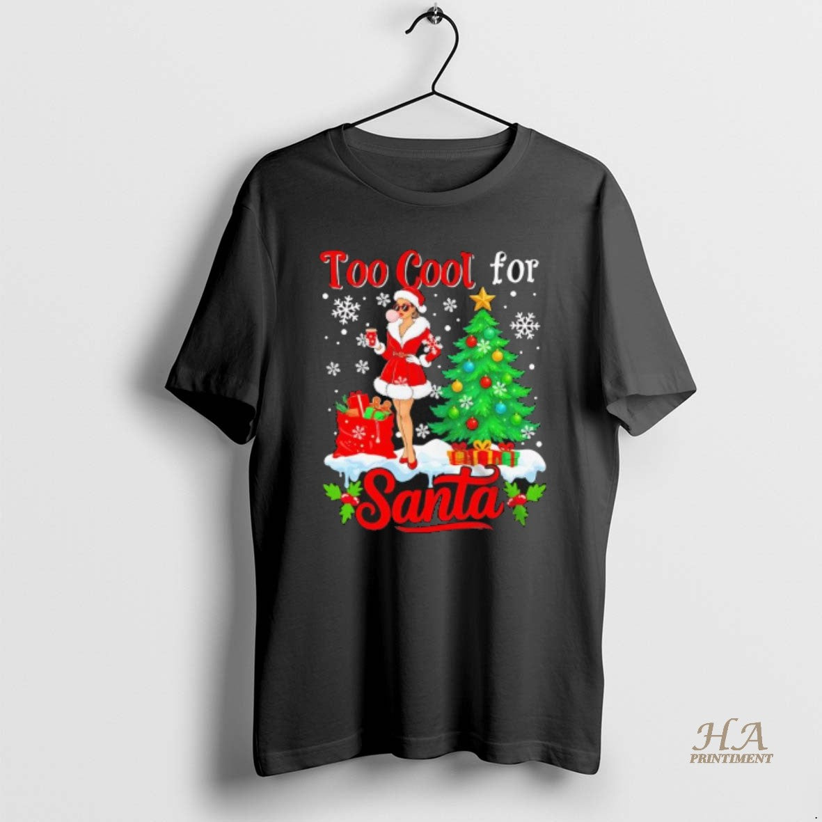 Official Too Cool For Santa Merry Christmas Santa Women Drink Coffee Black T-Shirts, Hoodie, Sweatshirt | InkNestWear.com