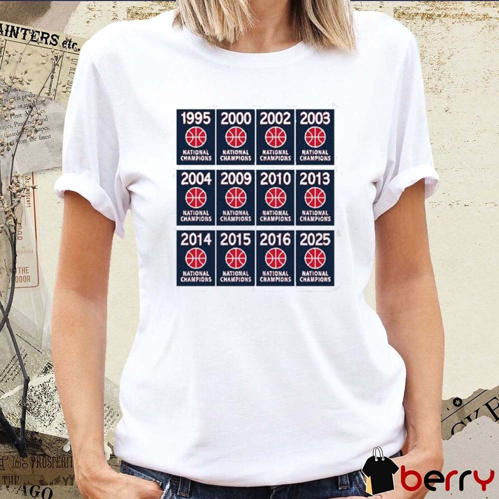 Uconn Huskies South Carolina Gamecocks Women’s Basketball CT National Champions 12 Time 1995 – 2025 t-shirt