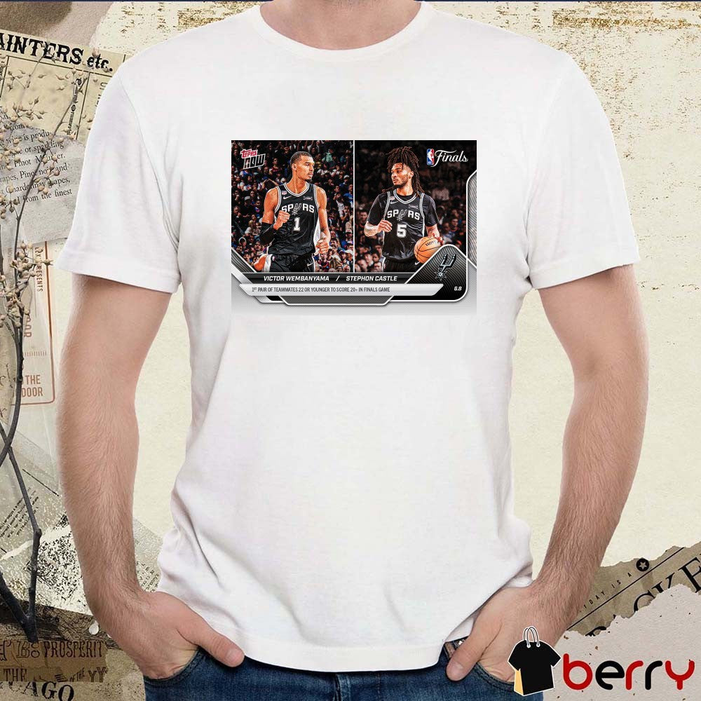 Victor Wembanyama Stephon Castle 1st Pair Of Teammates 22 Or Younger To Score 20 In Finals Game 2025-26 NBA Topps NOW t-shirt