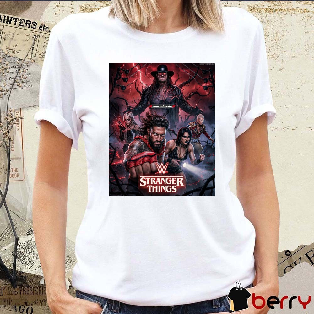 WWE Stranger Things Upside Down The Undertaker, Roman Reigns, Cody Rhodes, Rhea Ripley, and Liv Morgan Poster t-shirt