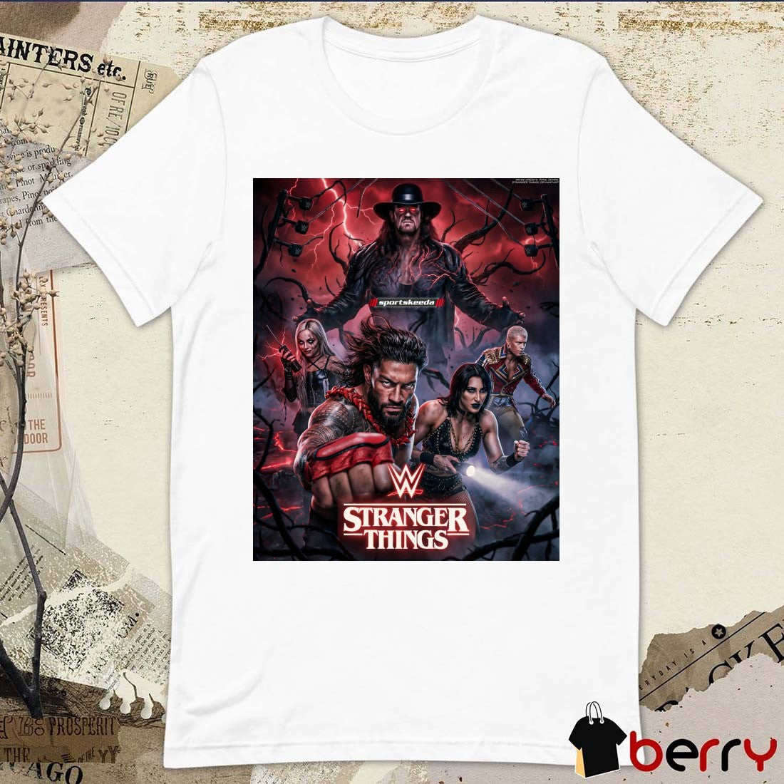 WWE Stranger Things Upside Down The Undertaker, Roman Reigns, Cody Rhodes, Rhea Ripley, and Liv Morgan Poster t-shirt
