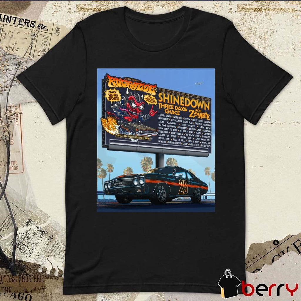 Welcome To Rockville 2025 Your Lineup For Thursday May 15-18 2025 Three Days Grace, Rob Zombie Poster t-shirt