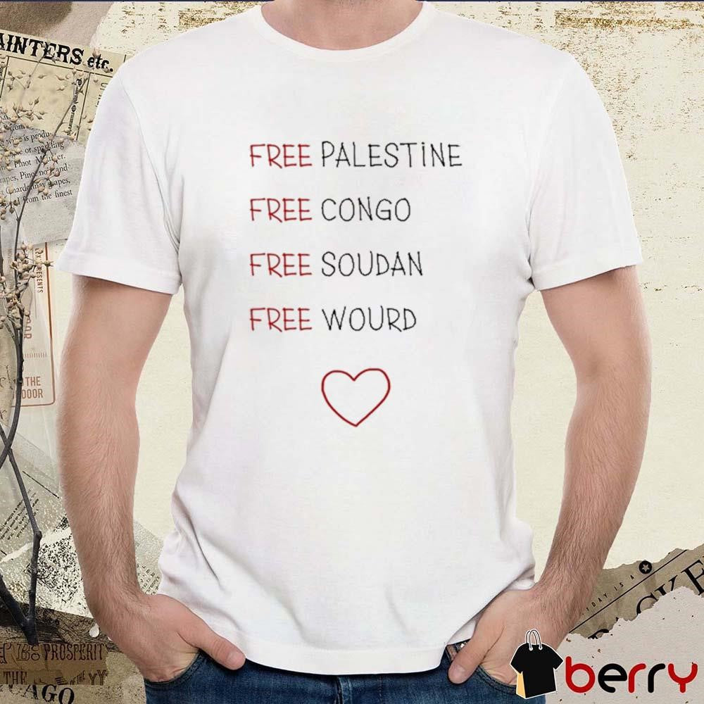 Yannou Wearing Free Palestine Free Congo Free Soudan Free World t-shirt