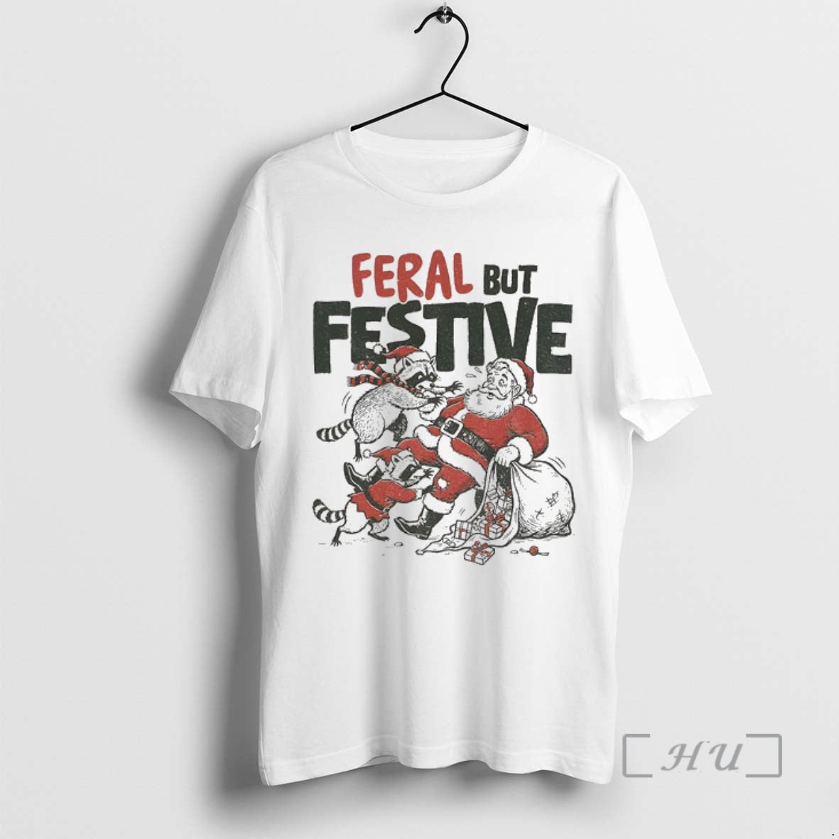 Officials Funny Christmas Raccoon Vs Santa Feral But Festive T-Shirts, Hoodie, Sweatshirt | InkNestWear.com