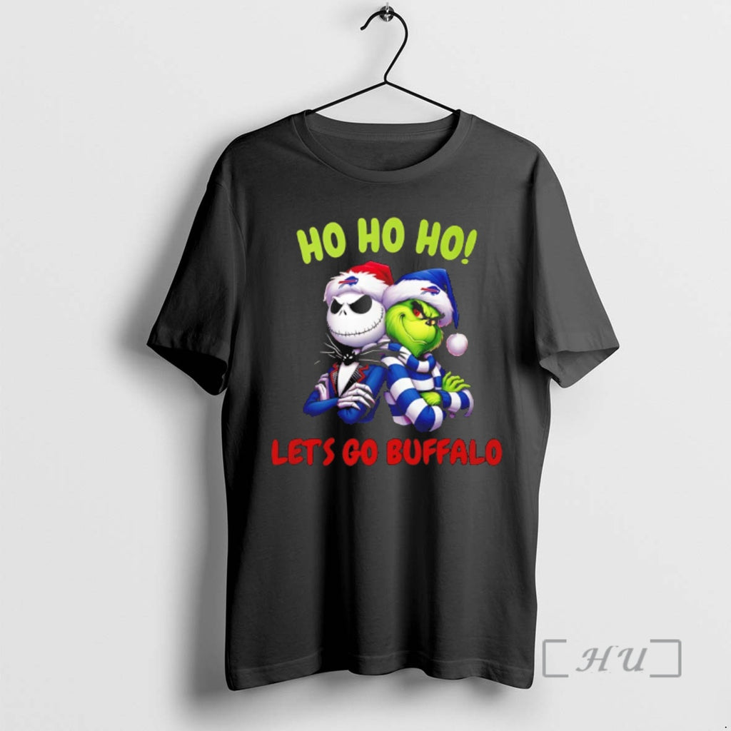 Officials Grinch And Jack Skellington Ho Ho Ho Lets Go Buffalo Christmas Premium T Shirts Hoodie, Sweatshirt