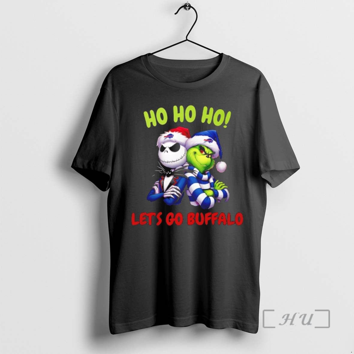 Officials Grinch And Jack Skellington Ho Ho Ho Lets Go Buffalo Christmas Premium T Shirts Hoodie, Sweatshirt