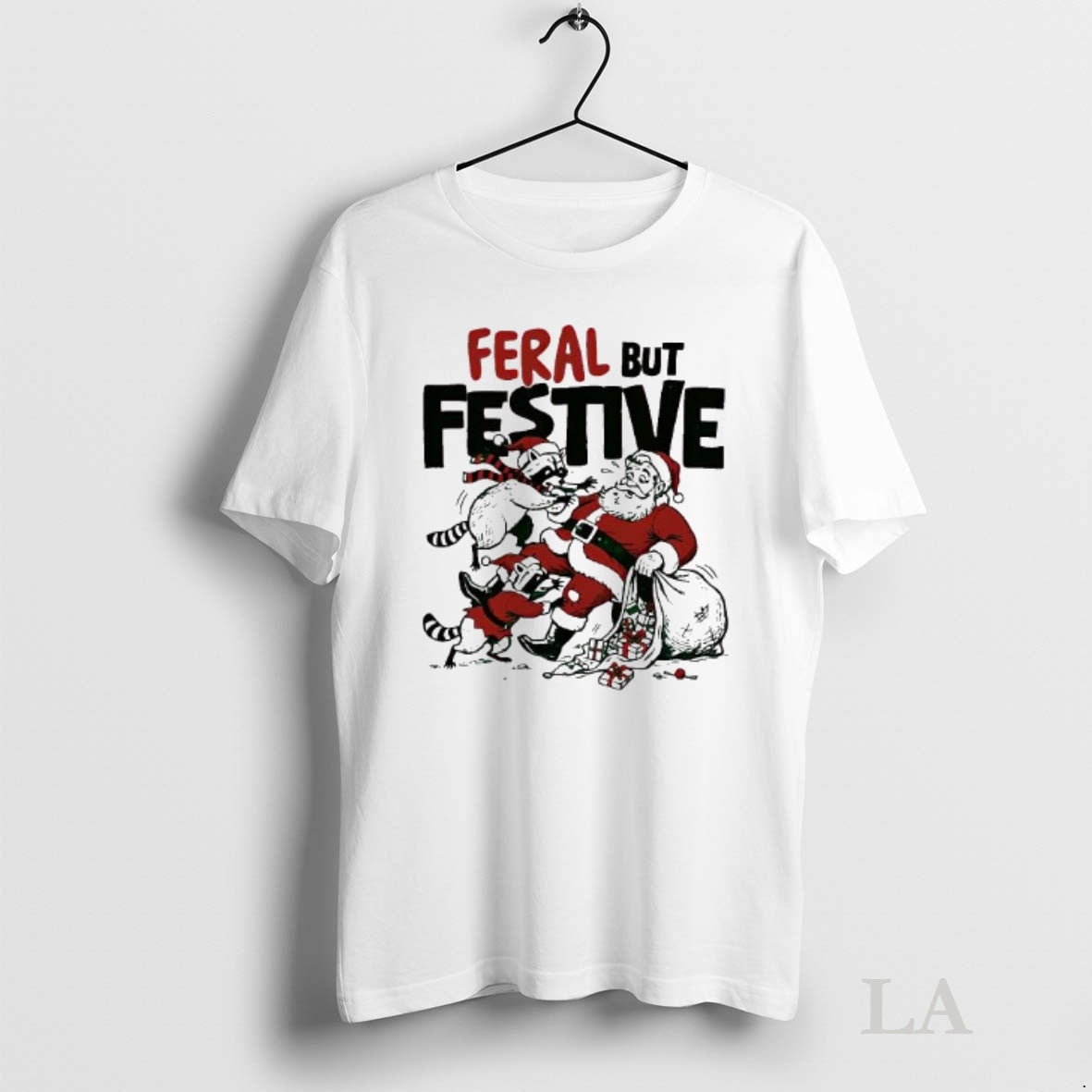 Original Feral But Festive Raccoons And Santa Claus T-Shirts, Hoodie, Sweatshirt | InkNestWear.com