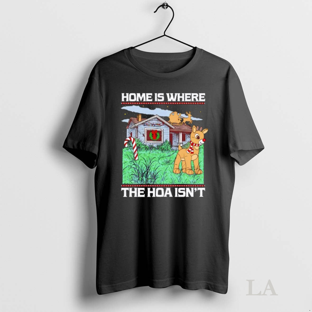 Original Home Is Where The Hoa Isnt Candy Cane And A Reindeer Figure Christmas Graphic T-Shirts, Hoodie, Sweatshirt