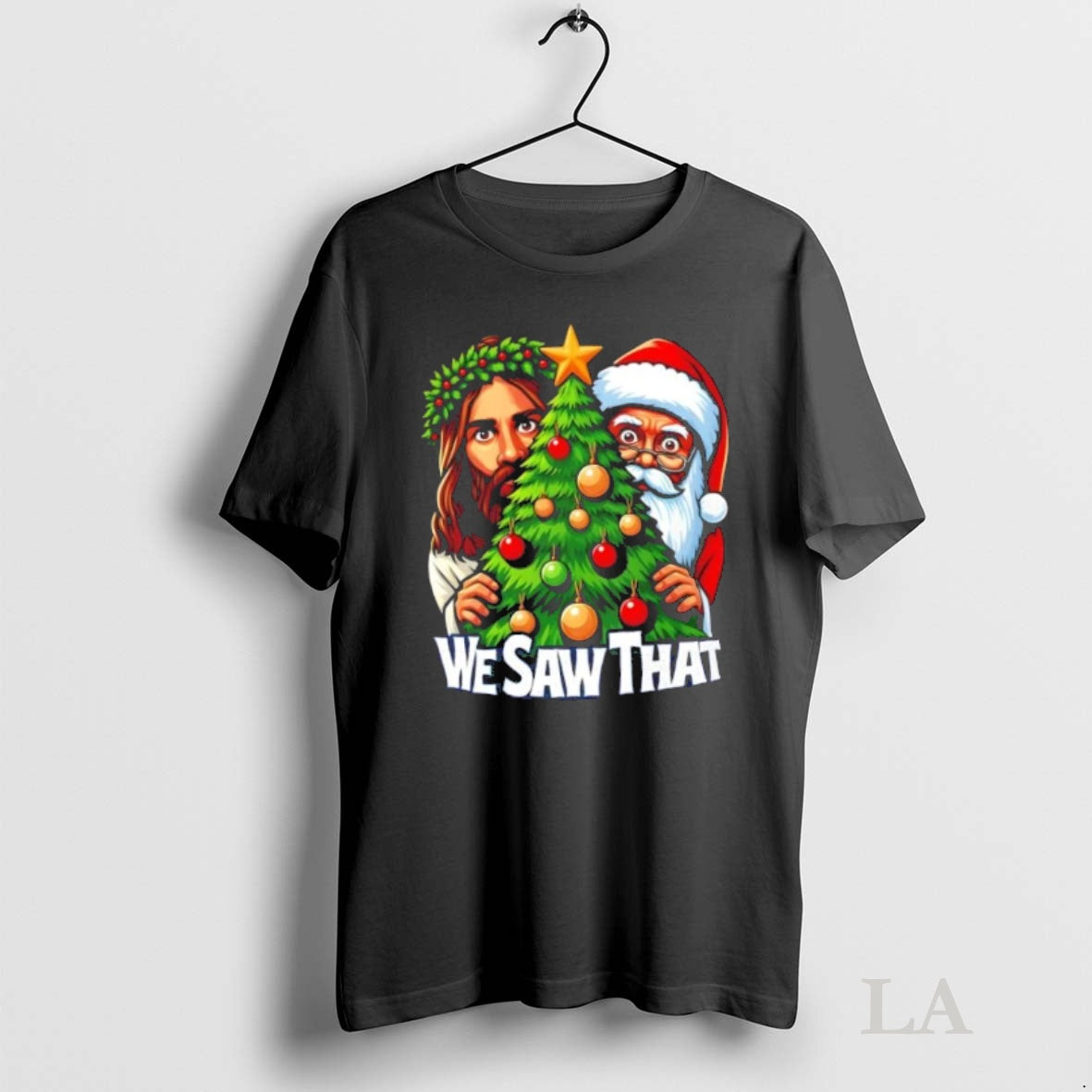 Original We Saw That Santa And Jesus Christmas Tree T-Shirts, Hoodie, Sweatshirt | InkNestWear.com