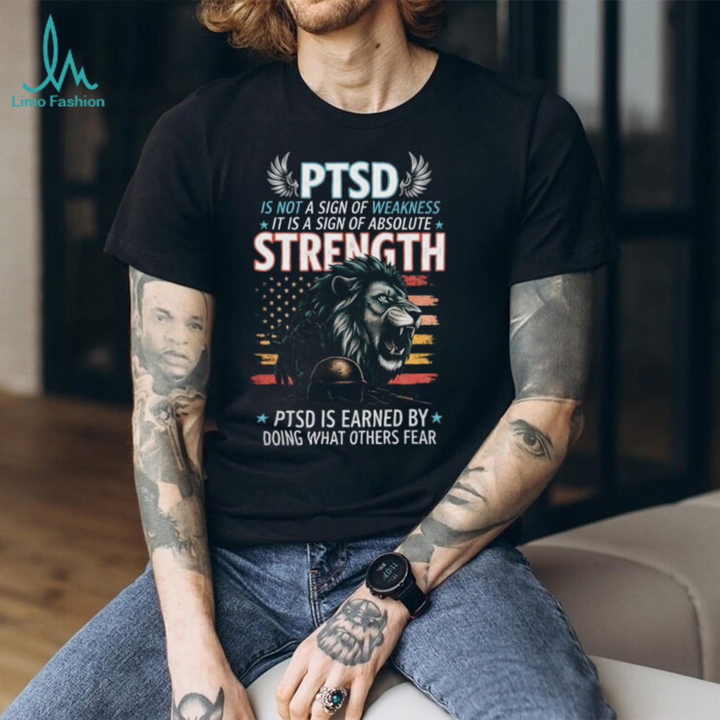 PTSD Strength Lion Military Veteran Support American Flag T Shirt
