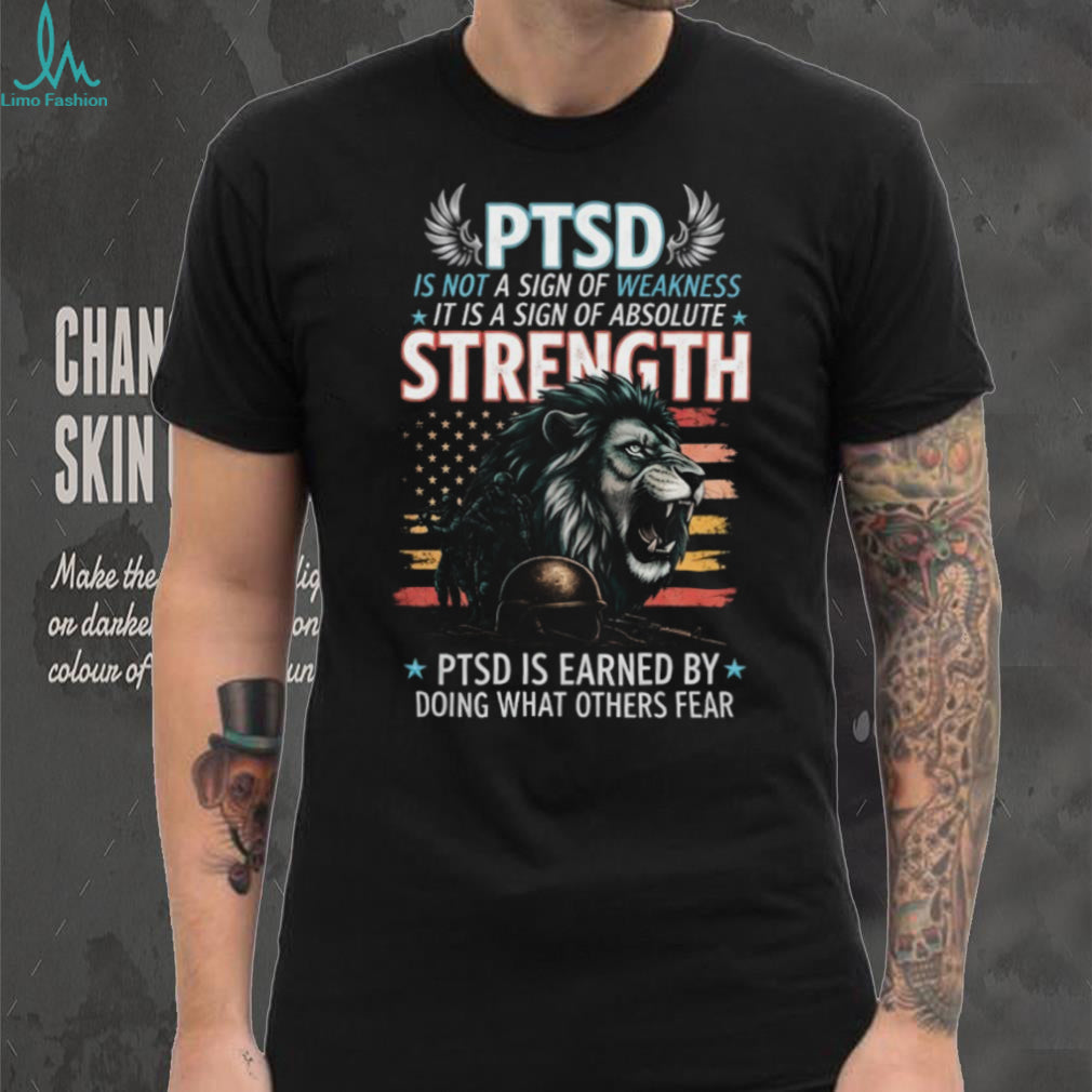 PTSD Strength Lion Military Veteran Support American Flag T Shirt