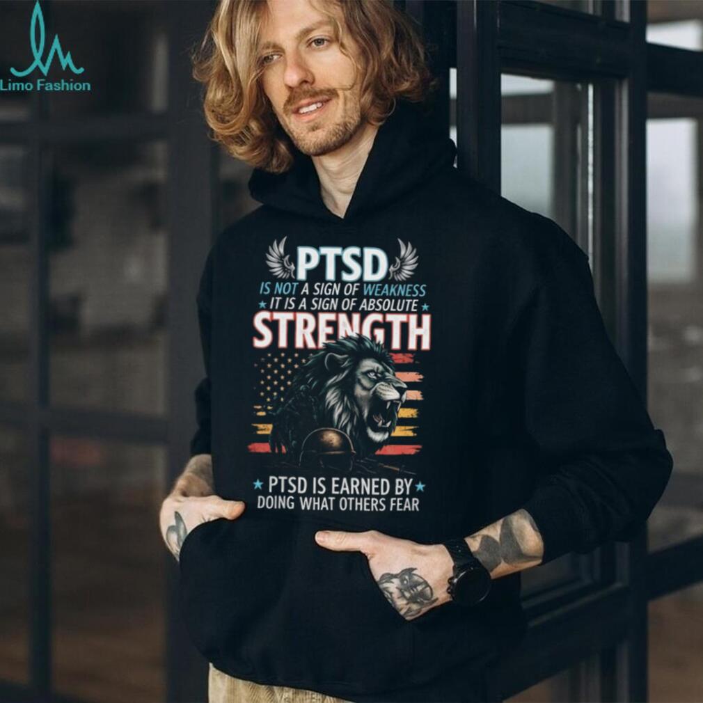 PTSD Strength Lion Military Veteran Support American Flag T Shirt