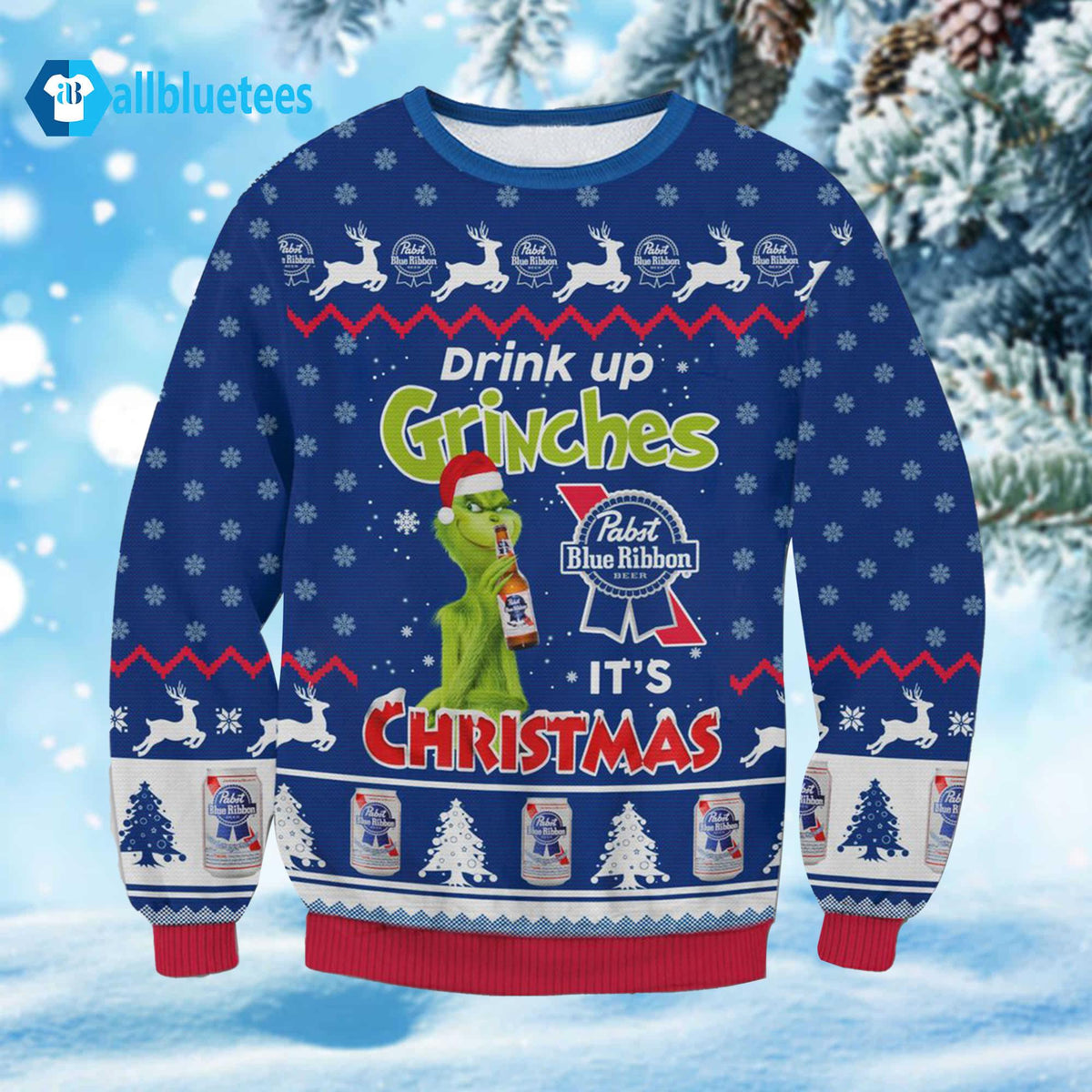 Pabst Blue Ribbon Drink Up Grnches Ugly Christmas Sweater