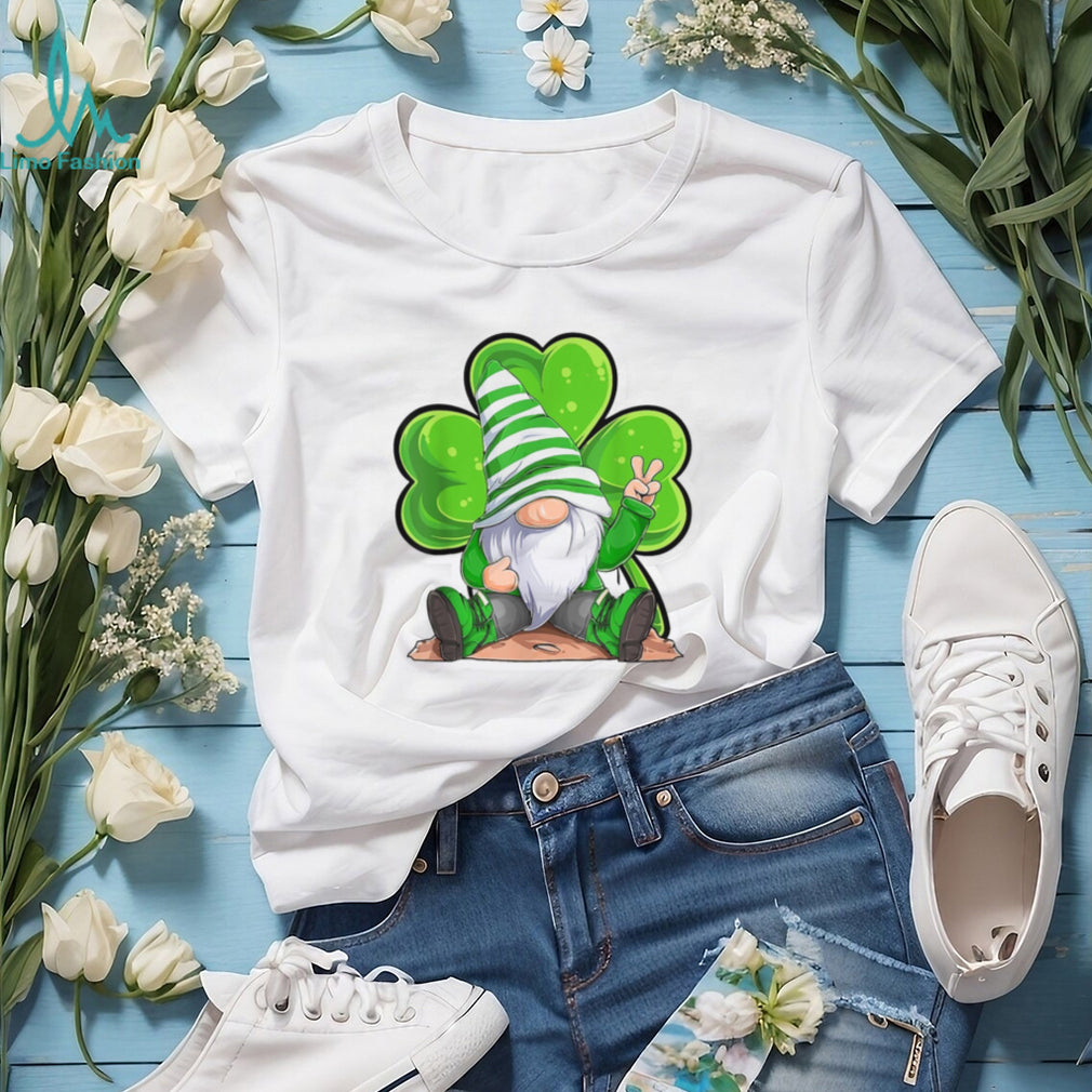 Peaceful Garden Gnome with Shamrock and Peace Sign Design T Shirt
