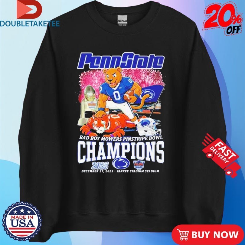Penn State Nittany Lions Stomp Clemson Tigers 2025 Bad Boy Mowers Pinstripe Bowl Champions Mascot Shirts