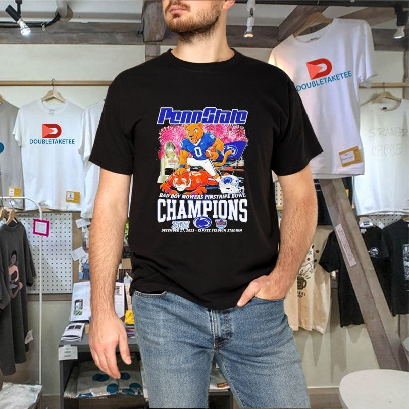 Penn State Nittany Lions Stomp Clemson Tigers 2025 Bad Boy Mowers Pinstripe Bowl Champions Mascot Shirts